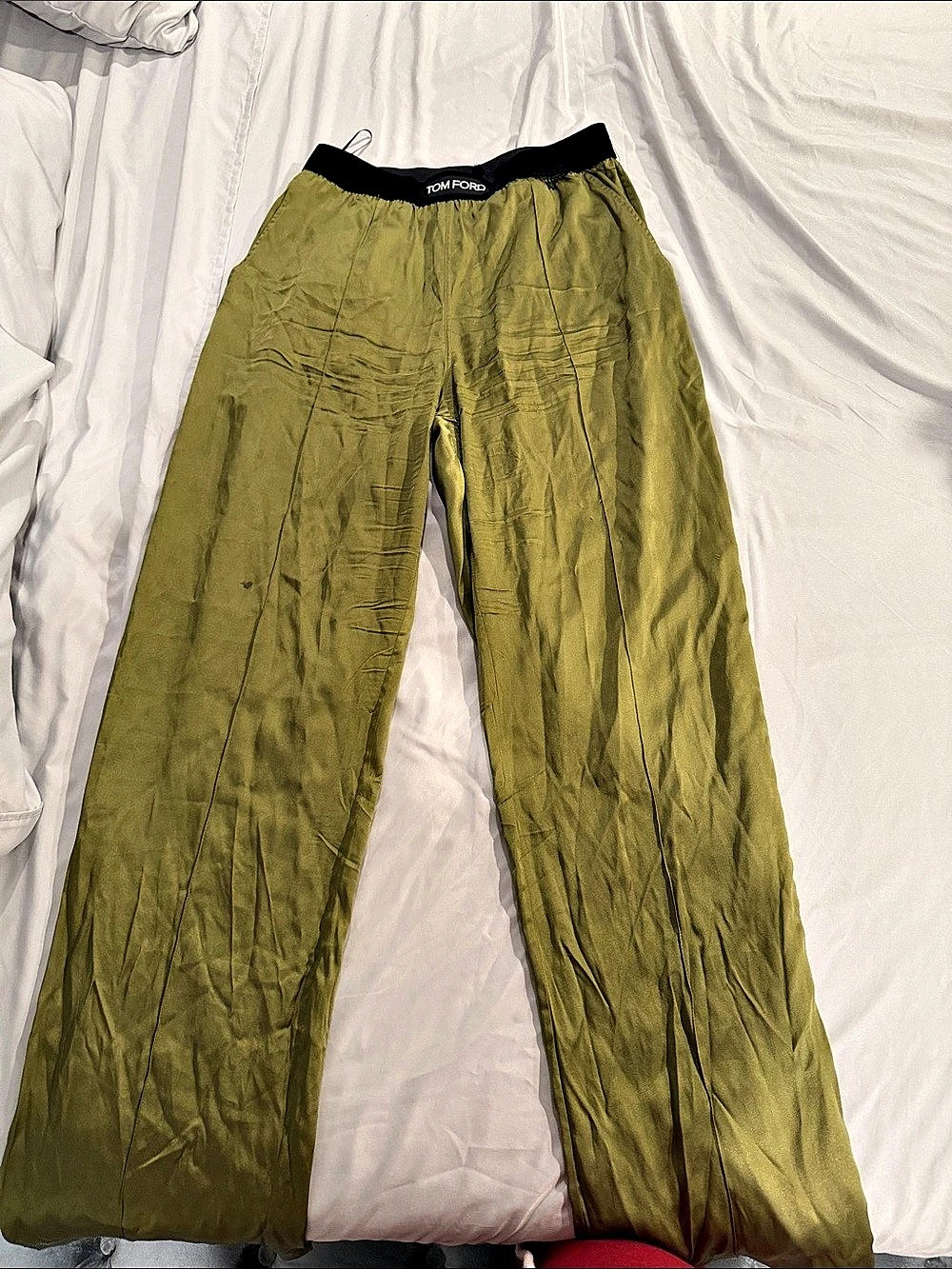 Tom Ford Logo Waistband Silk Pajama Trousers Olive Medium